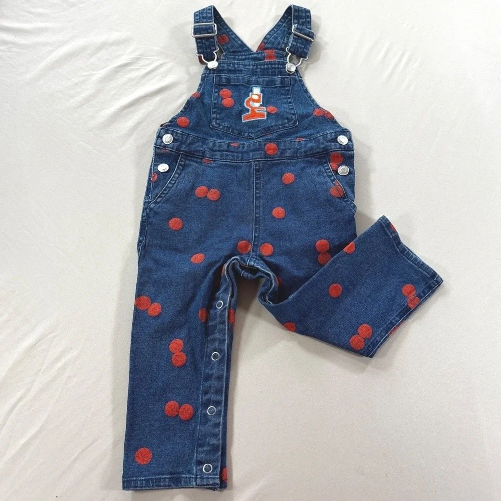 Toddler 18M Denim Overalls Orange‎ Polka Dots Adjustable Straps Snap Legs Cute